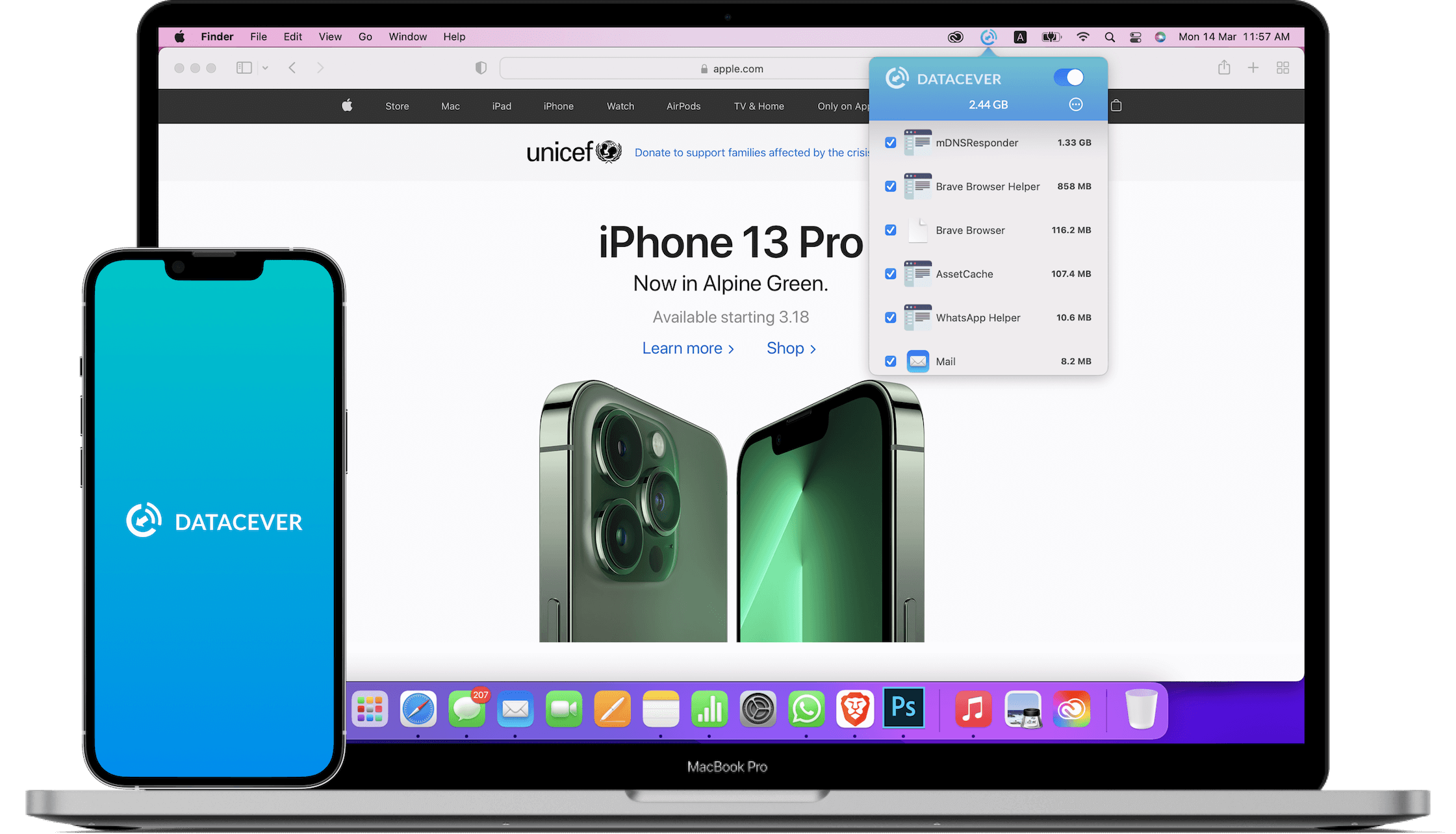 DataCever menu-bar popover showing live per-app data usage on macOS